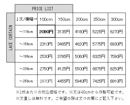 レースカーテンＡランク価格表