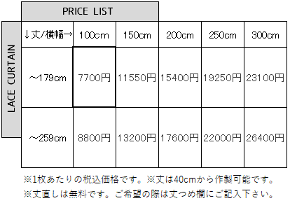 ナチュラルレースカーテン価格表S