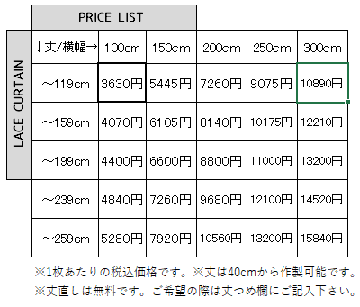 ナチュラルレースカーテン価格表S