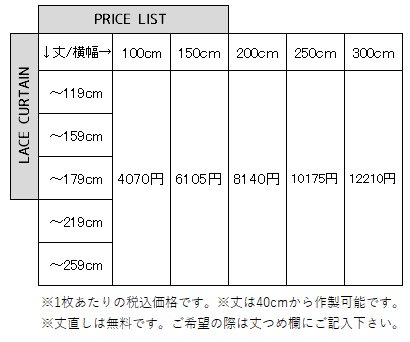 ナチュラルレースカーテン価格表S